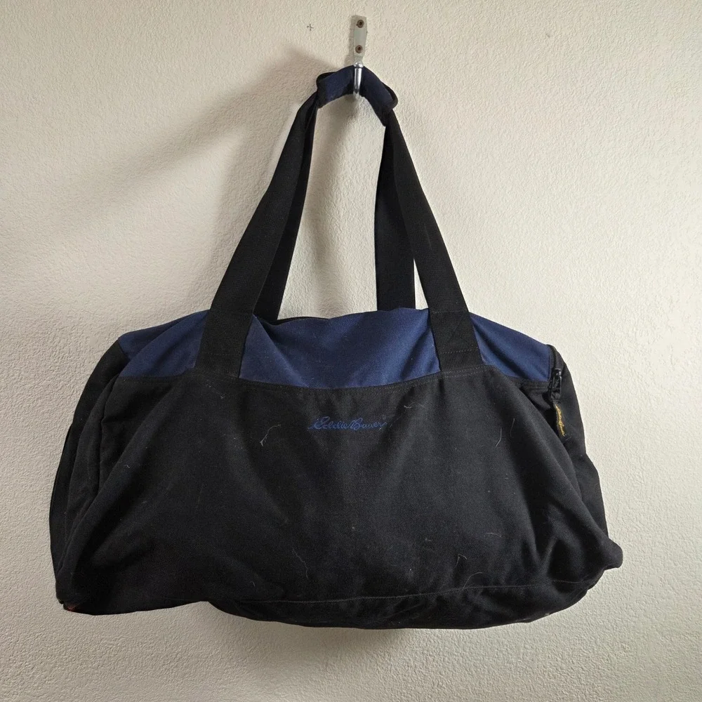Eddie Bauer Duffle Bag Black Navy Blue Canvas Travel Gym Weekend Carry On Bag